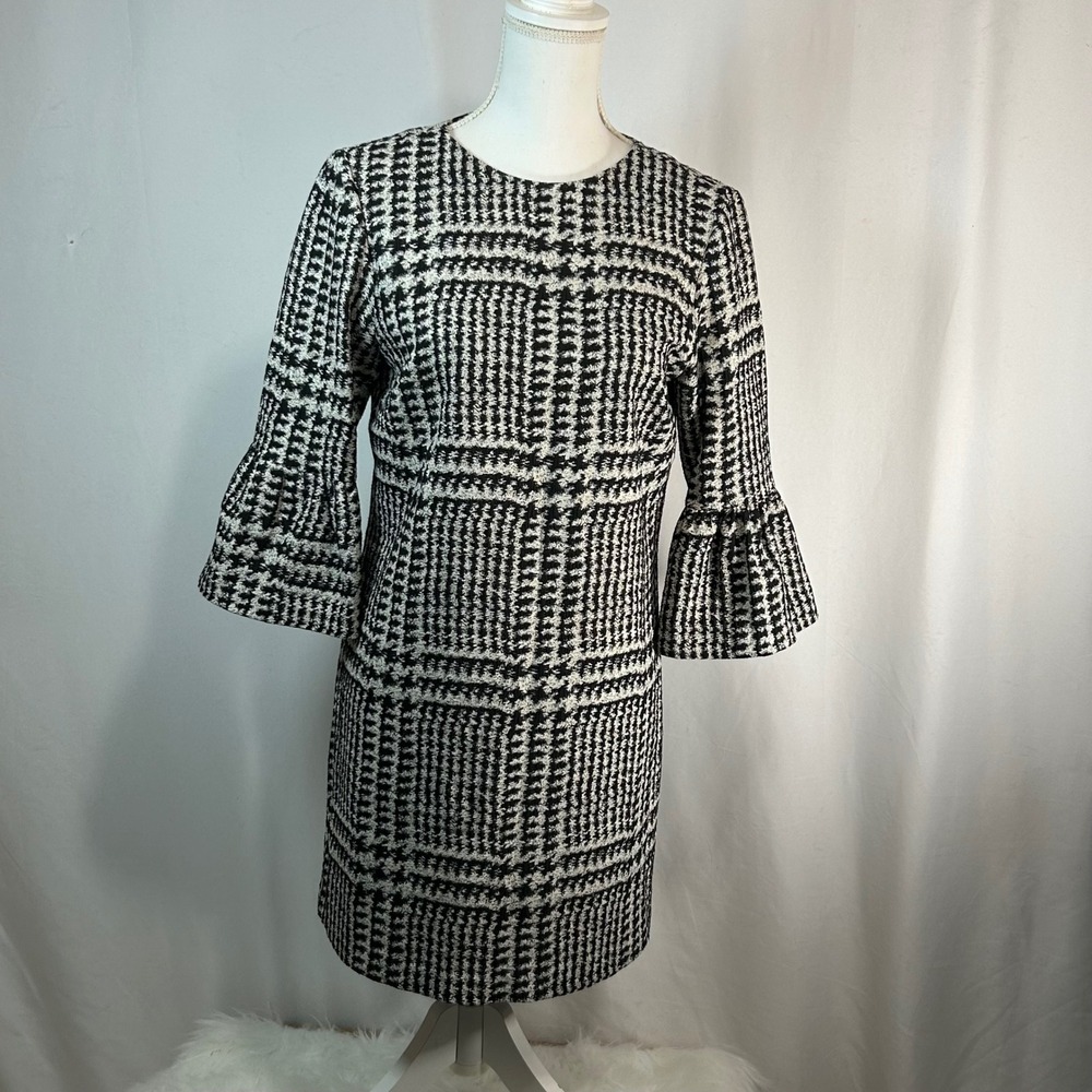 ZARA WOMAN Black White‎ Houndstooth Bell Sleeve Autumn wedding guest Dress M